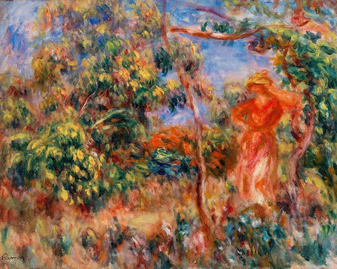 Woman in Red in a Landscape 1917 Black Ornate Wood Framed Art Print with Double Matting by Renoir, Pierre-Auguste