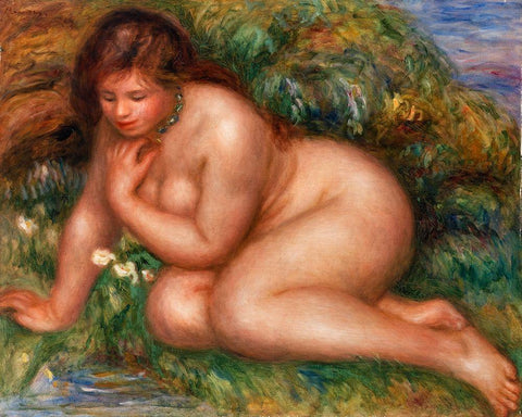 Bather Gazing at Herself in the Water 1910 White Modern Wood Framed Art Print with Double Matting by Renoir, Pierre-Auguste