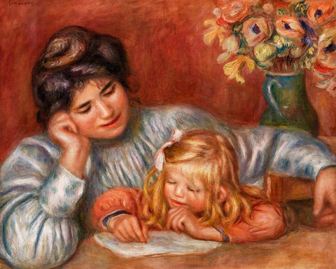 Writing Lesson 1905 White Modern Wood Framed Art Print with Double Matting by Renoir, Pierre-Auguste