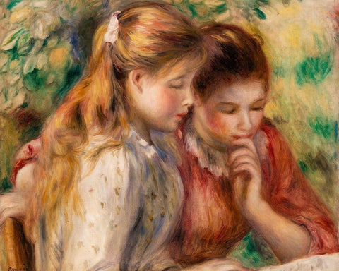 Reading 1891 White Modern Wood Framed Art Print with Double Matting by Renoir, Pierre-Auguste