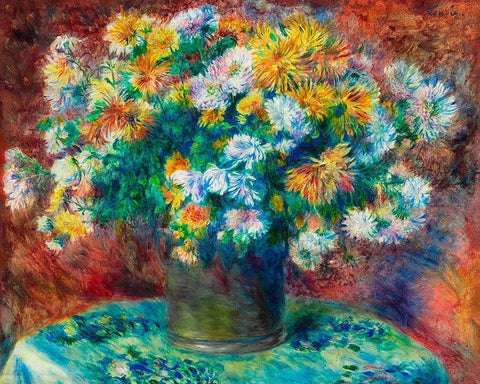 Chrysanthemums 1882 White Modern Wood Framed Art Print with Double Matting by Renoir, Pierre-Auguste