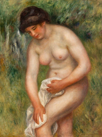 Bather Drying Herself White Modern Wood Framed Art Print with Double Matting by Renoir, Pierre-Auguste