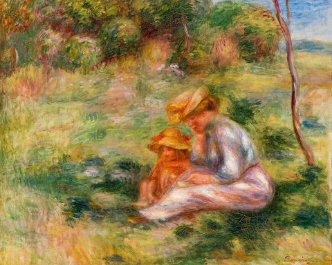Woman and Child in the Grass 1898 Black Ornate Wood Framed Art Print with Double Matting by Renoir, Pierre-Auguste