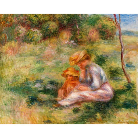 Woman and Child in the Grass 1898 Gold Ornate Wood Framed Art Print with Double Matting by Renoir, Pierre-Auguste