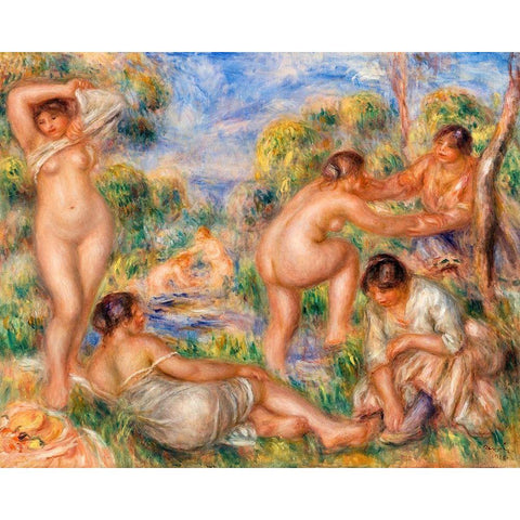 Bathing Group 1916 Gold Ornate Wood Framed Art Print with Double Matting by Renoir, Pierre-Auguste