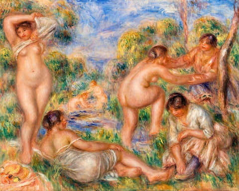 Bathing Group 1916 Black Ornate Wood Framed Art Print with Double Matting by Renoir, Pierre-Auguste