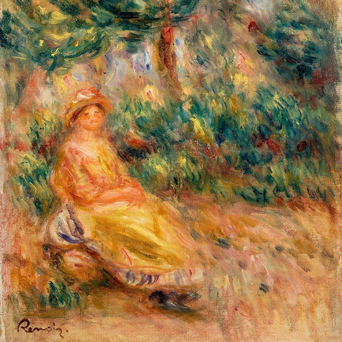Woman in Pink and Yellow in a Landscape Black Modern Wood Framed Art Print by Renoir, Pierre-Auguste
