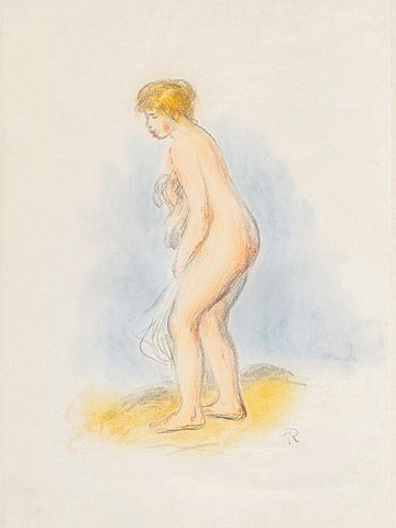 Standing Female Bather 1896 Black Ornate Wood Framed Art Print with Double Matting by Renoir, Pierre-Auguste