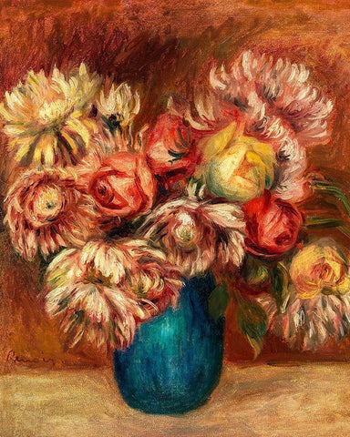 Flowers in a Green Vase 1912 White Modern Wood Framed Art Print with Double Matting by Renoir, Pierre-Auguste