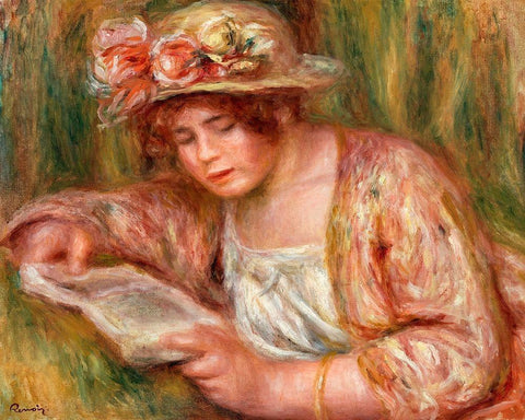 Andree in a Hat, Reading 1918 Black Ornate Wood Framed Art Print with Double Matting by Renoir, Pierre-Auguste