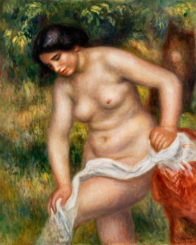 Bather Drying Herself White Modern Wood Framed Art Print with Double Matting by Renoir, Pierre-Auguste