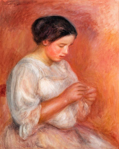 Woman Sewing 1908 Black Ornate Wood Framed Art Print with Double Matting by Renoir, Pierre-Auguste