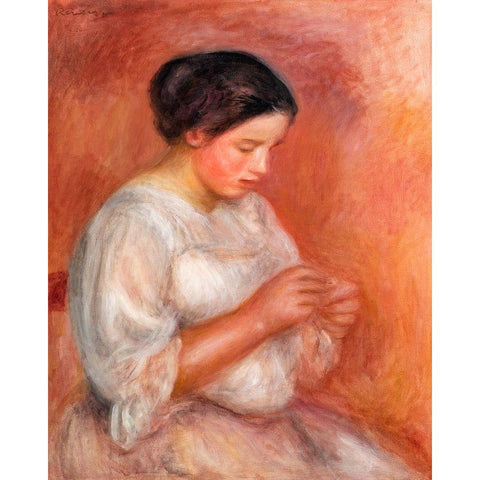 Woman Sewing 1908 Black Modern Wood Framed Art Print by Renoir, Pierre-Auguste