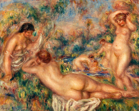 Bathers 1918 Black Ornate Wood Framed Art Print with Double Matting by Renoir, Pierre-Auguste