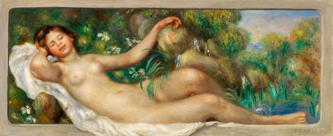 Reclining Nude 1895 Black Ornate Wood Framed Art Print with Double Matting by Renoir, Pierre-Auguste