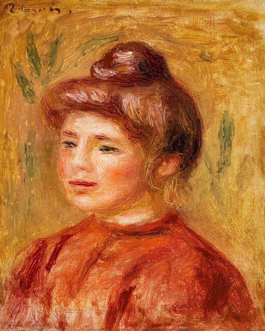 Bust of Woman in Red 1908 White Modern Wood Framed Art Print with Double Matting by Renoir, Pierre-Auguste