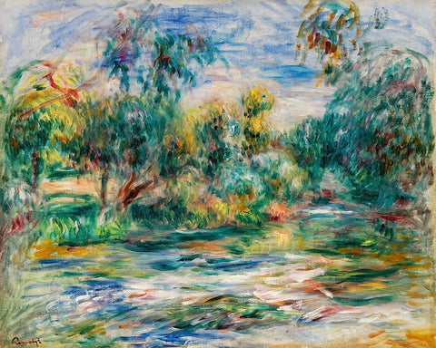 Landscape 1917 Black Ornate Wood Framed Art Print with Double Matting by Renoir, Pierre-Auguste