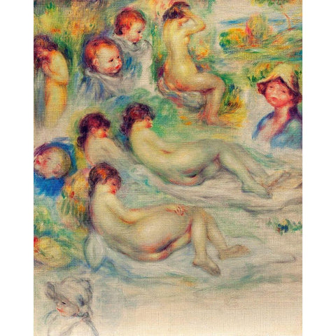 Studies of Pierre Renoir, His Mother, Aline Charigot, Nudes and Landscape Black Modern Wood Framed Art Print with Double Matting by Renoir, Pierre-Auguste