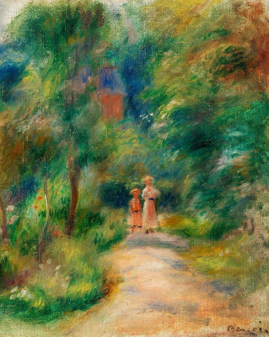 Two Figures on a Path 1906 Black Ornate Wood Framed Art Print with Double Matting by Renoir, Pierre-Auguste
