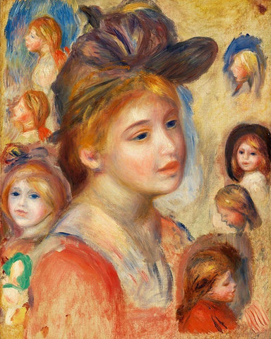 Study of Girls Heads 1893 White Modern Wood Framed Art Print with Double Matting by Renoir, Pierre-Auguste