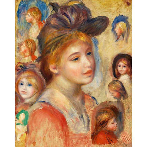 Study of Girls Heads 1893 White Modern Wood Framed Art Print by Renoir, Pierre-Auguste