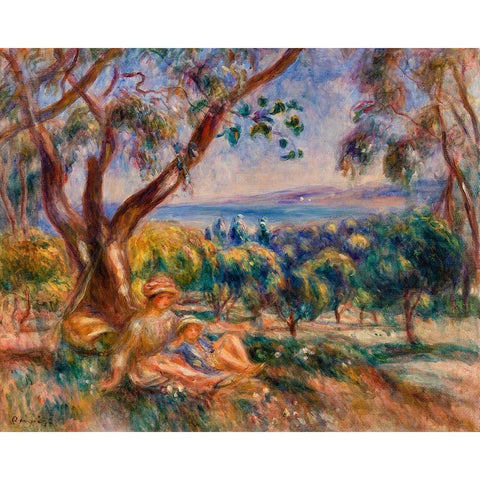 Landscape with Figures, near Cagnes 1910  Gold Ornate Wood Framed Art Print with Double Matting by Renoir, Pierre-Auguste