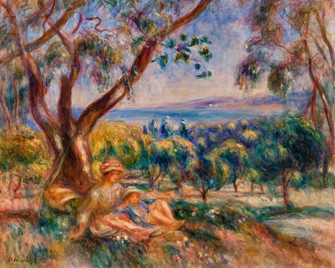 Landscape with Figures, near Cagnes 1910  Black Ornate Wood Framed Art Print with Double Matting by Renoir, Pierre-Auguste