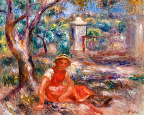 Girl at the Foot of a Tree 1914 White Modern Wood Framed Art Print with Double Matting by Renoir, Pierre-Auguste