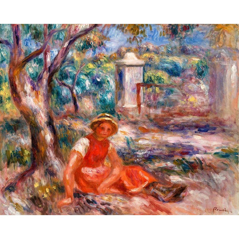 Girl at the Foot of a Tree 1914 White Modern Wood Framed Art Print by Renoir, Pierre-Auguste