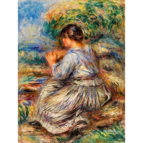Girl Seated in a Landscape 1914 Black Modern Wood Framed Art Print with Double Matting by Renoir, Pierre-Auguste