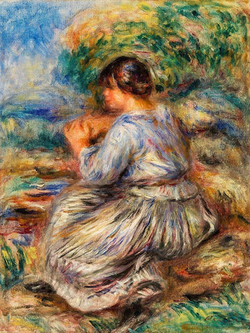Girl Seated in a Landscape 1914 White Modern Wood Framed Art Print with Double Matting by Renoir, Pierre-Auguste