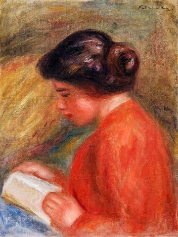 Young Woman Reading 1909 White Modern Wood Framed Art Print with Double Matting by Renoir, Pierre-Auguste