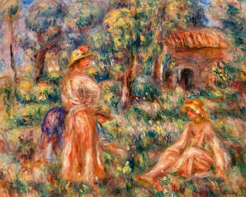 Girls in a Landscape 1918 Black Ornate Wood Framed Art Print with Double Matting by Renoir, Pierre-Auguste