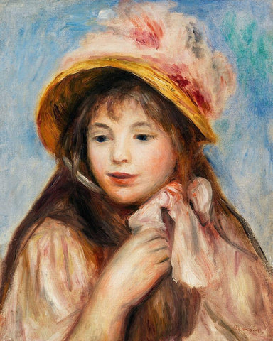 Girl with Pink Bonnet 1894 White Modern Wood Framed Art Print with Double Matting by Renoir, Pierre-Auguste