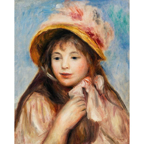 Girl with Pink Bonnet 1894 Black Modern Wood Framed Art Print by Renoir, Pierre-Auguste