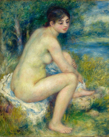 Nude Woman in a landscape 1883 White Modern Wood Framed Art Print with Double Matting by Renoir, Pierre-Auguste