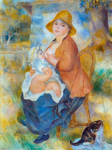 Maternity White Modern Wood Framed Art Print with Double Matting by Renoir, Pierre-Auguste