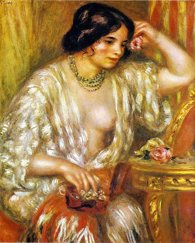 Gabrielle with Jewellery White Modern Wood Framed Art Print with Double Matting by Renoir, Pierre-Auguste