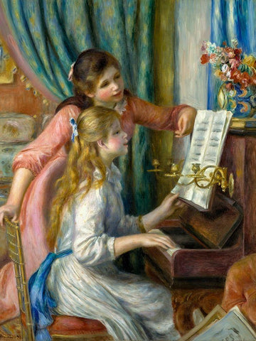 Two Young Girls at the Piano White Modern Wood Framed Art Print with Double Matting by Renoir, Pierre-Auguste