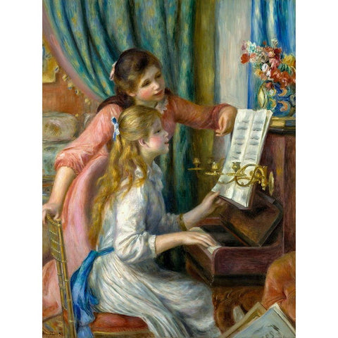 Two Young Girls at the Piano Black Modern Wood Framed Art Print with Double Matting by Renoir, Pierre-Auguste