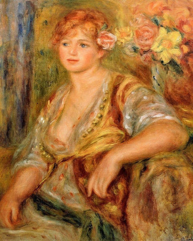 Blonde Girl with a Rose Black Ornate Wood Framed Art Print with Double Matting by Renoir, Pierre-Auguste