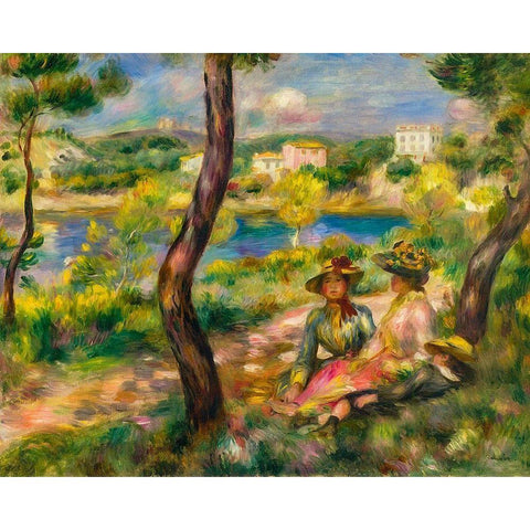 Beaulieu, women and boy Gold Ornate Wood Framed Art Print with Double Matting by Renoir, Pierre-Auguste