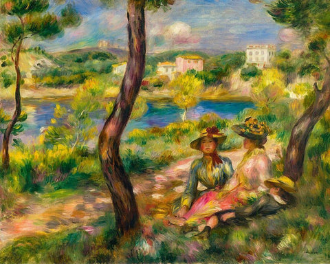 Beaulieu, women and boy White Modern Wood Framed Art Print with Double Matting by Renoir, Pierre-Auguste