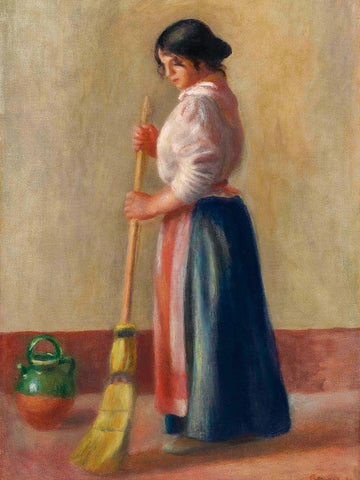 The Sweeper White Modern Wood Framed Art Print with Double Matting by Renoir, Pierre-Auguste