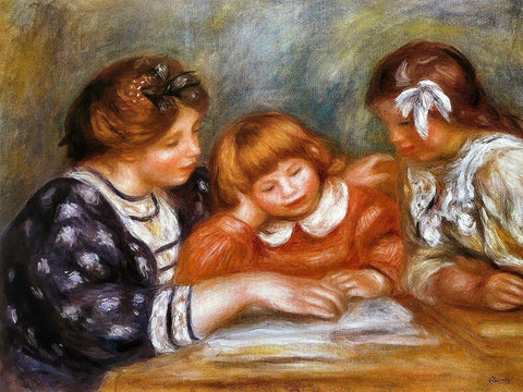 The Lesson White Modern Wood Framed Art Print with Double Matting by Renoir, Pierre-Auguste