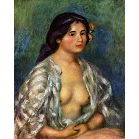 GabrielleÂ with open blouse White Modern Wood Framed Art Print by Renoir, Pierre-Auguste