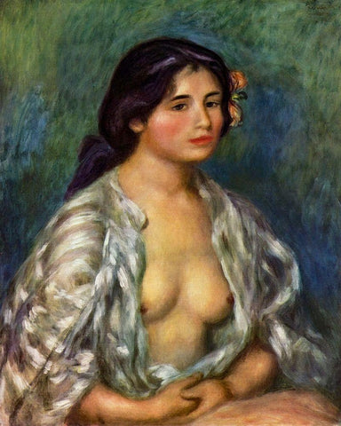 GabrielleÂ with open blouse Black Ornate Wood Framed Art Print with Double Matting by Renoir, Pierre-Auguste