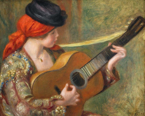 Young Spanish Woman with a Guitar Black Ornate Wood Framed Art Print with Double Matting by Renoir, Pierre-Auguste