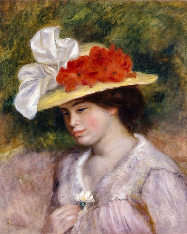 Woman in a Flowered Hat White Modern Wood Framed Art Print with Double Matting by Renoir, Pierre-Auguste