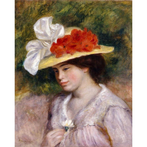 Woman in a Flowered Hat Black Modern Wood Framed Art Print by Renoir, Pierre-Auguste
